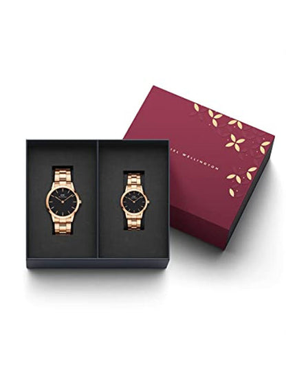 Daniel Wellington Iconic Link Rose Gold Black Dial Couple Watch Set