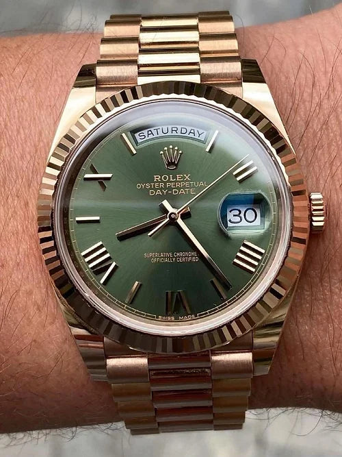 Rolex Automatic Golden Green Dial Analog Chain Metal Round Men's Watch