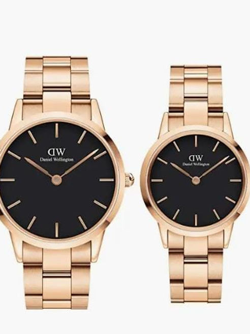 Daniel Wellington Iconic Link Rose Gold Black Dial Couple Watch Set