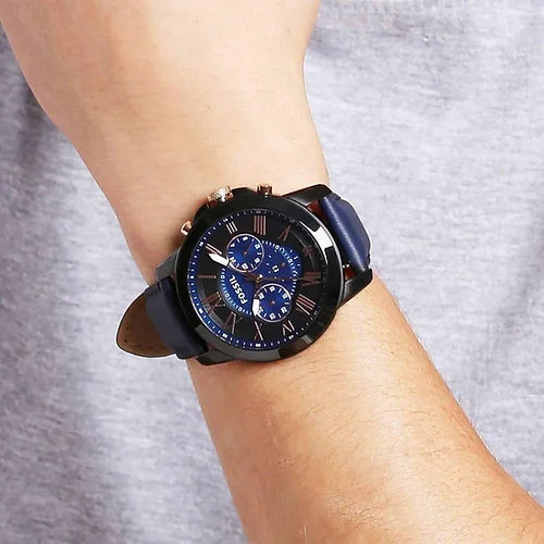 Fossil Chronograph Black-Blue Dial Leather Belt Analog Men's Watch