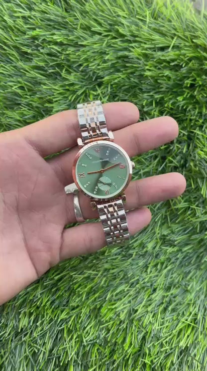 Emporio Armani Green Dial Chronograph Watch For Women's