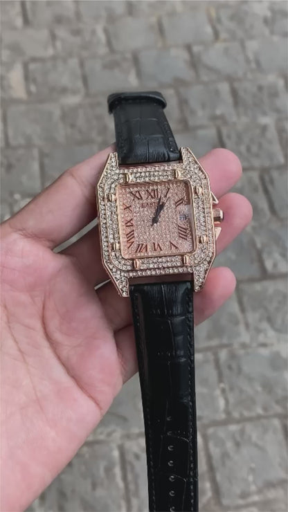 Cartier Full Diamond Rose Gold Dial Leather Belt Men's Watch