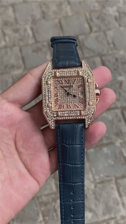 Cartier Full Diamond Rose Gold Leather Belt Men's Watch