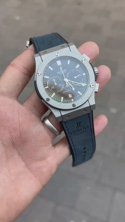 Hublot Silver Black Dial Chronograph Blue Leather Belt Watch For Men's