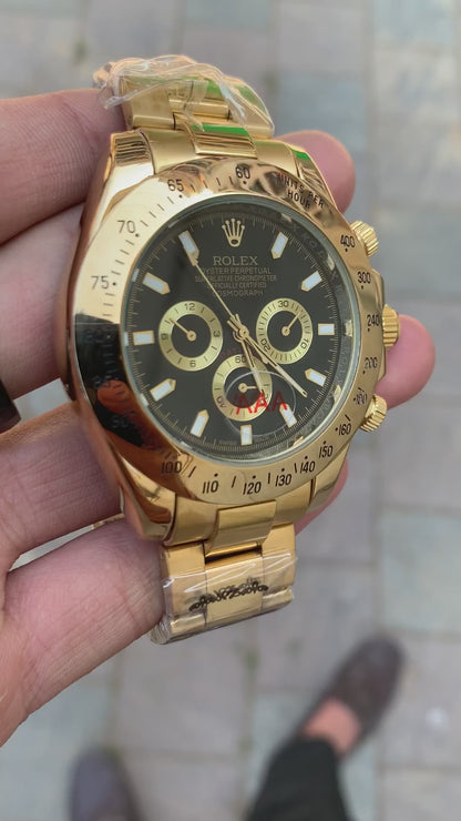 Ro lex Automatic Golden Black Dial Analog Chronograph Round Men's Watch