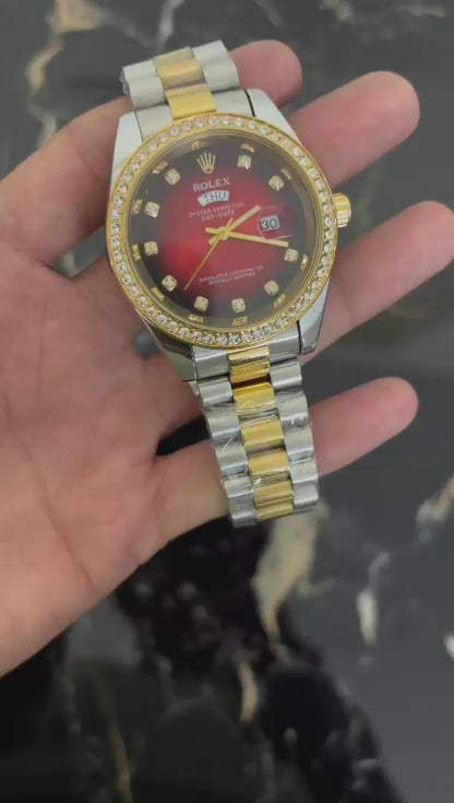 Rol ex Red Dial Metal Belt Analog Quartz Movement Case Date Gift Men's Watch