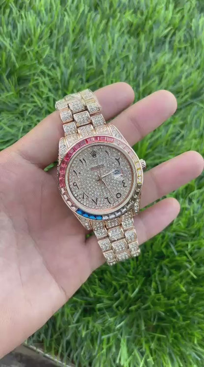 Ro-lex Analog Rainbow Dial Arabic Numerals Full Rose Gold Diamond Men’s Watch