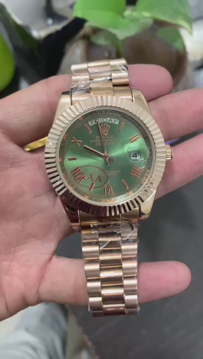 Rolex Automatic Golden Green Dial Analog Chain Metal Round Men's Watch