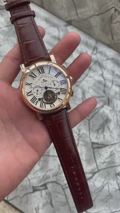 Cartier Automatic White Dial Leather Belt Watch For Men