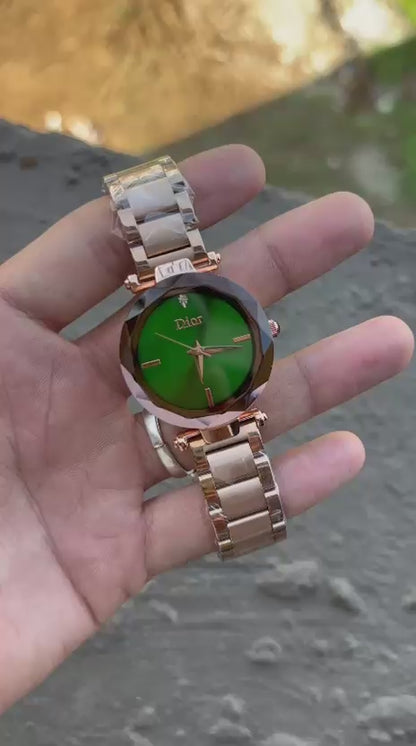 Dior Diamond Cut Green Dial Metal Belt Women's Watch