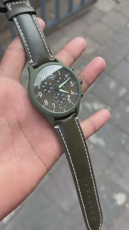 Tissot Green Dial Chronograph Leather Belt Watch For Men's