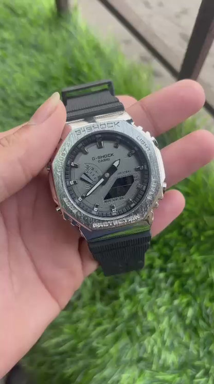 G-SHOCK Silver Dial Black Resin Strap Analog-Digital Watch - For Men G1159 (GM-2100-1ADR)