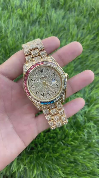 Ro-lex Analog Rainbow Dial Arabic Numerals Full Gold Diamond Men’s Watch