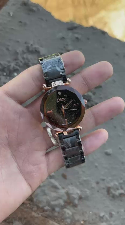 Dior Diamond Shape Black Dial Metal Belt Watch For Women's