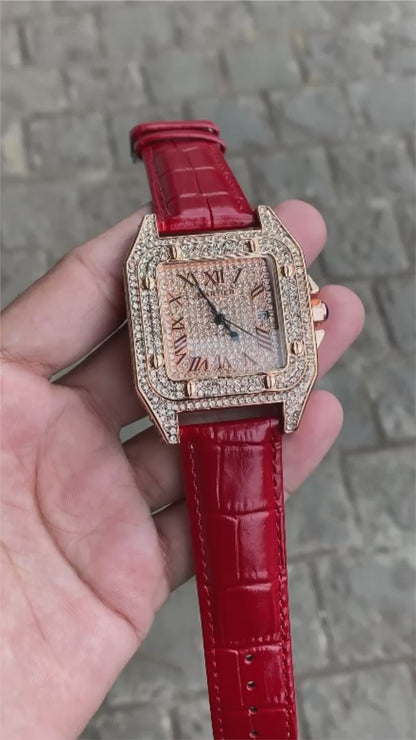 Cartier Full Diamond Red Leather Belt Men's Watch