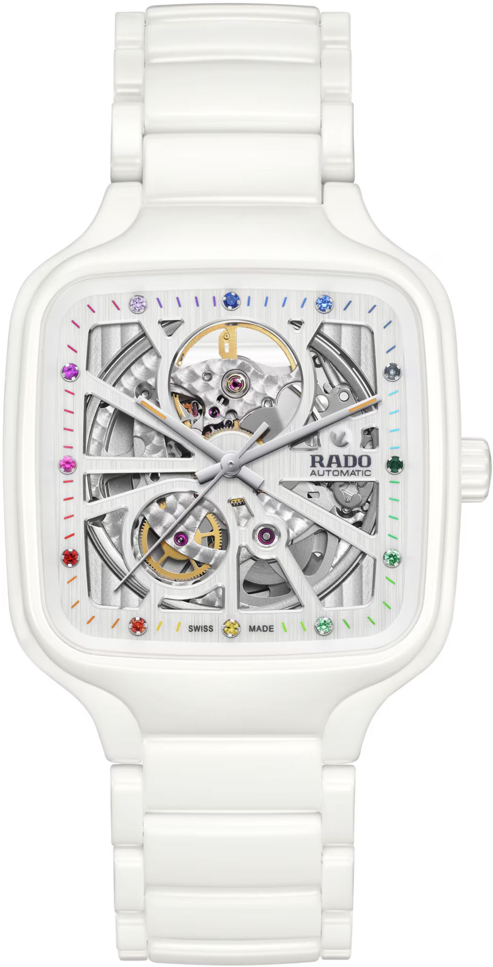 Rado White Rainbow Dial Ceramic Automatic Open Heart Watch For Men's